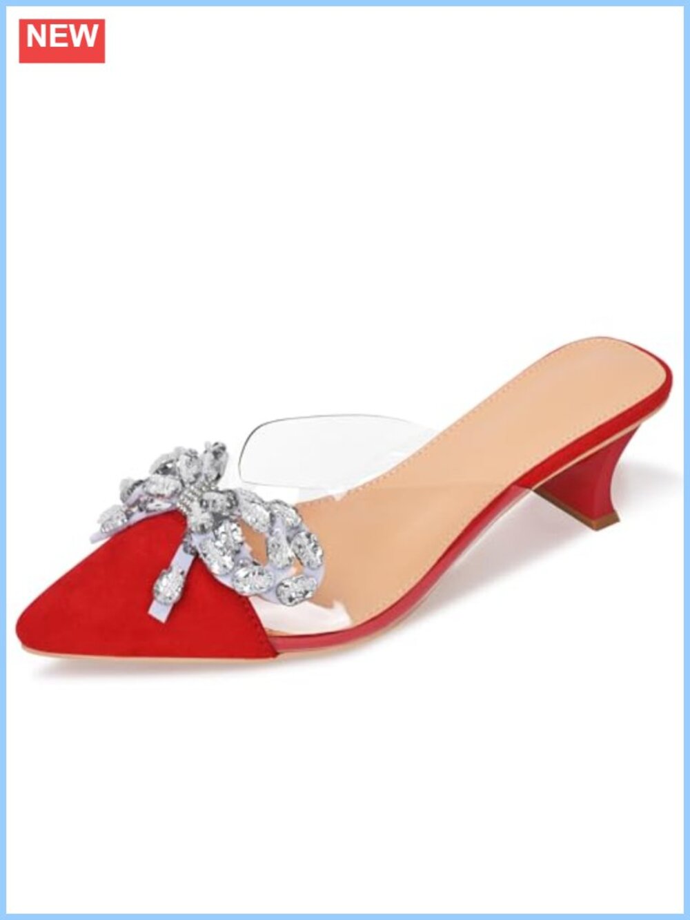 Pointed Toe Kitten Heel Mules Rhinestone Bow Suede Slip-On Heels